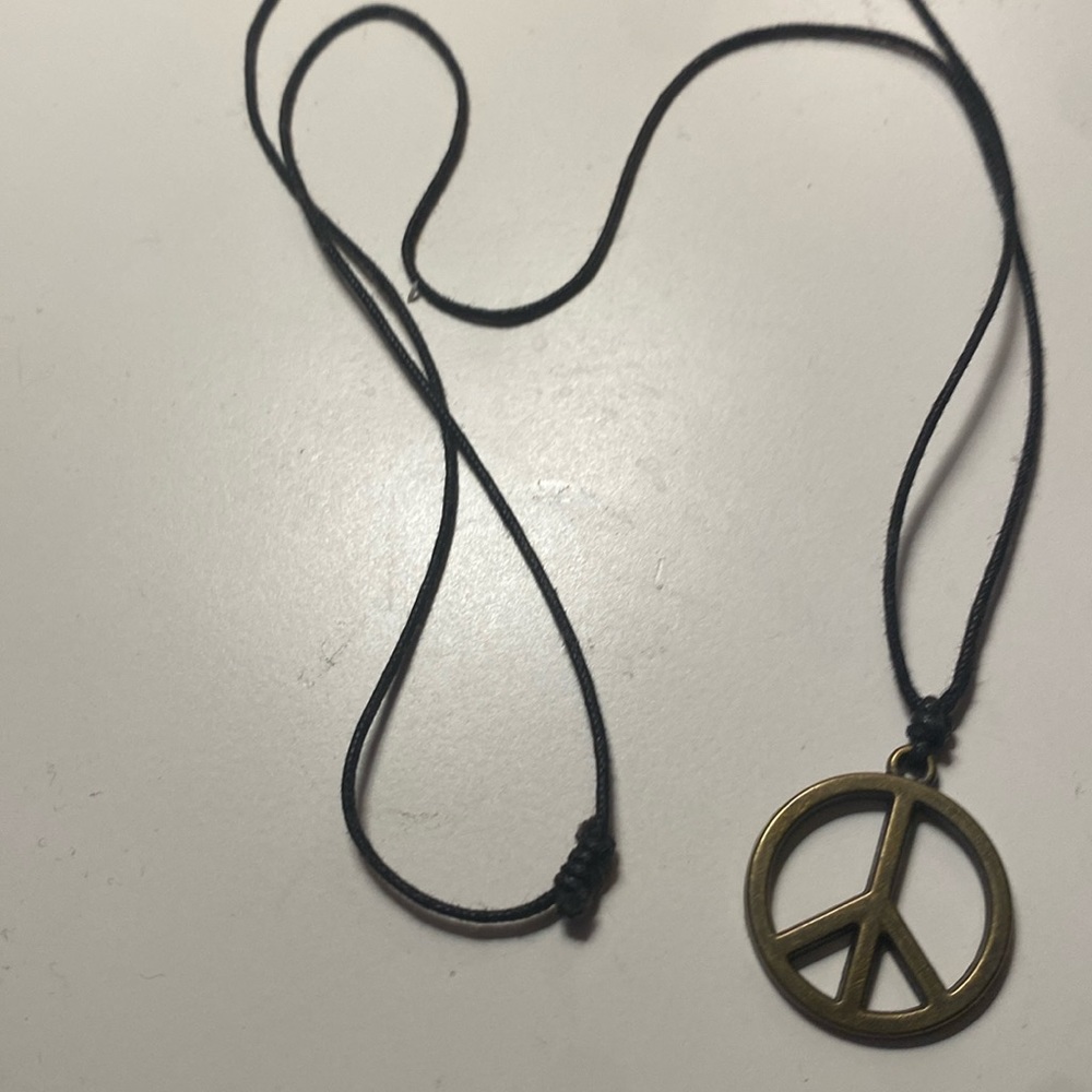 Vintage Cotton cord adjustable gold tone peace sign necklace